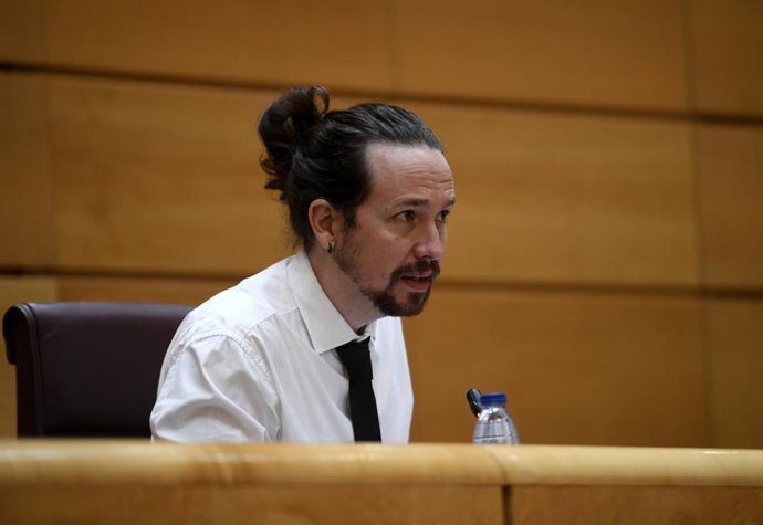 El vicepresident segon i ministre de Drets Socials i Agenda 2030, Pablo Iglesias, compareix al Senat en Comissió per a les Polítiques Integrals de la Discapacitat, a Madrid (Espanya), 8 d'octubre del 2020. 