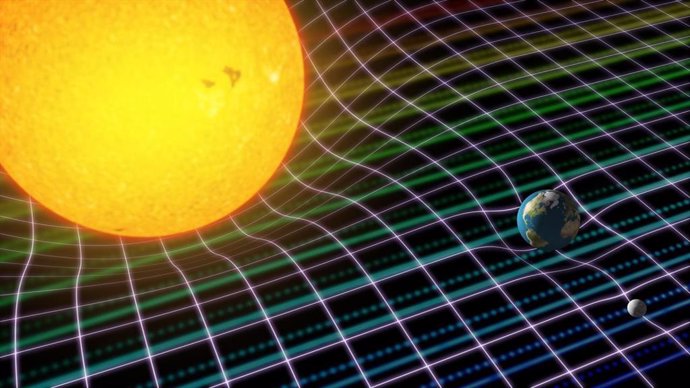 Representación artística del Sol, la Tierra y la Luna con la curvatura espacio-tiempo de la Relatividad General de Einstein sobre el espectro de la luz del Sol reflejada en la Luna