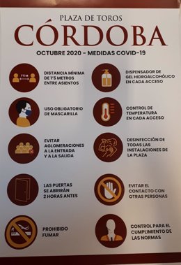 Infografía de parte del plan de contigencia frente al Covid-19 de Lances de Futuro para la corrida del día 12 de octubre en la plaza de toros de Córdoba capital.