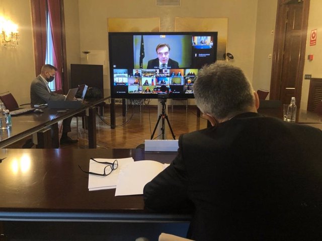 El ministro del Interior, Fernando Grande-Marlaska, en una videoconferencia con sus homólogos de la UE