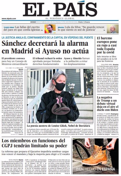 Las portadas de los periódicos del viernes 9 de octubre de 2020