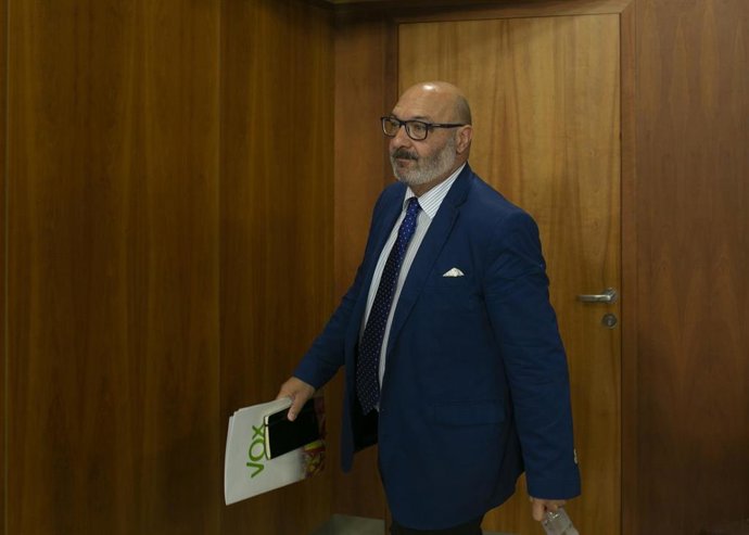 El portavoz parlamentario del grupo Vox, Alejandro Hernánde al inicio de comparecencia en rueda de prensa. Foto de archivo