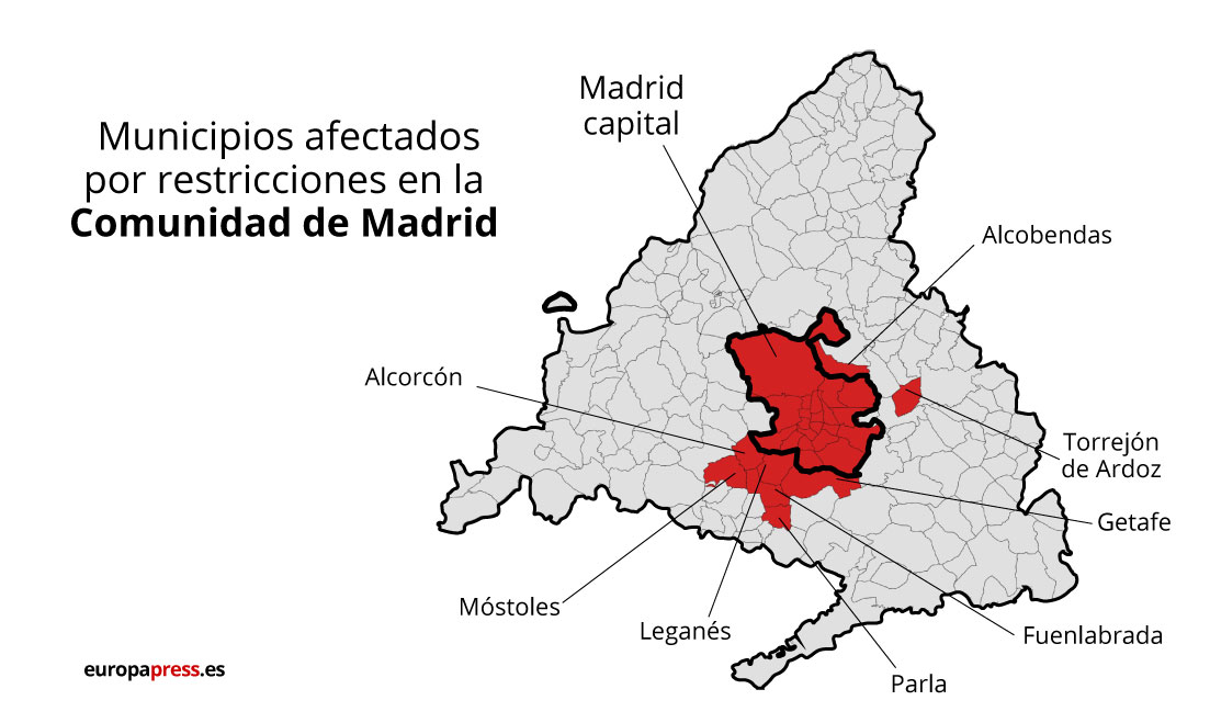 Municipios afectados por restricciones en la Comunidad de Madrid