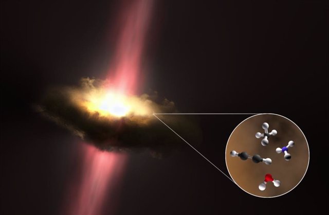 Ilustración de un disco polvoriento que gira alrededor de una estrella recién nacida masiva que es aproximadamente 40 veces el tamaño del Sol.