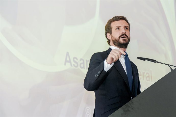 El president del PP, Pablo Casado, intervé en l'Assemblea General de l'Empresa Familiar de Castella-la Manxa (AEFCLM), a Toledo, Castella-la Manxa (Espanya), a 8 d'octubre del 2020.
