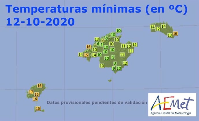 Temperaturas mínimas para este lunes, 12 de octubre, en Baleares.