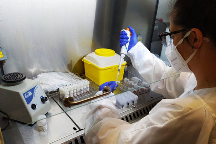 Pla mitj d'una professional del Laboratori Clínic de la Fundació Salut Empord processant mostres de PCR el 12 d'octubre del 2020. (horitzontal)