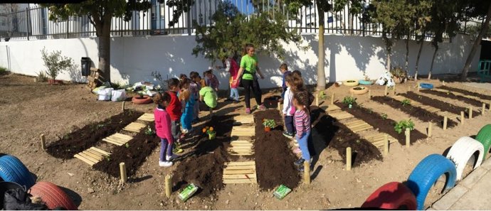 Escolares en un huerto urbano