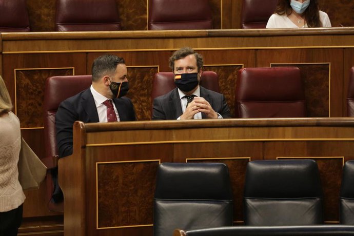 El presidente de Vox, Santiago Abascal), habla con  su portavoz en el Congreso, Iván Espinosa de los Monteros