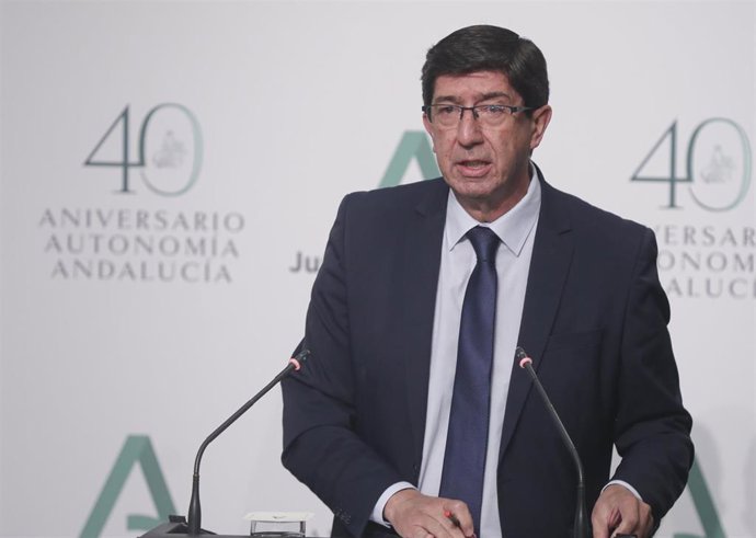 El vicepresidente de la Junta de Andalucía, Juan Marín,, en la rueda de prensa posterior a la reunión del Consejo de Gobierno de la Junta de Andalucía. En Sevilla, a 13 de octubre de 2020.