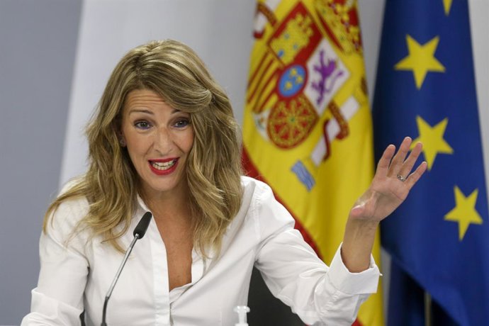 La ministra de Treball, Yolanda Díaz, en roda de premsa després del Consell de Ministres. Madrid (Espanya), 13 d'octubre del 2020.
