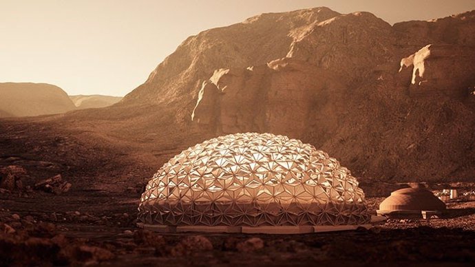 Representación artística de una cúpula en Marte, como parte del concepto de la ciudad de Nüwa (SONET).