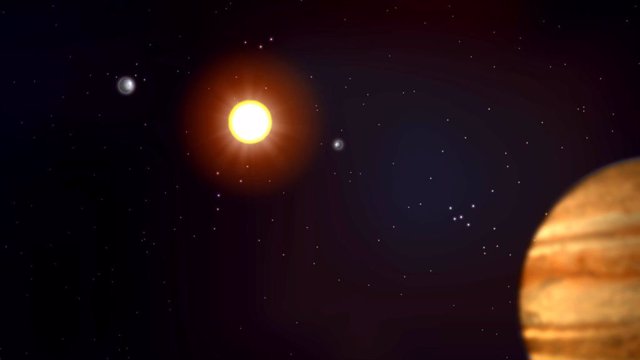 Impresión artística de un sistema planetario con dos super-Tierras y un Júpiter en órbita alrededor de una estrella similar al Sol.