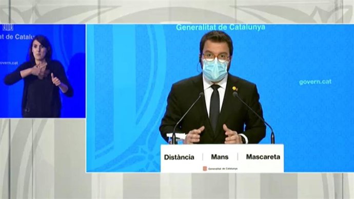 El vicepresidente en funciones de presidente de la Generalitat, Pere Aragons, en rueda de prensa telemática.