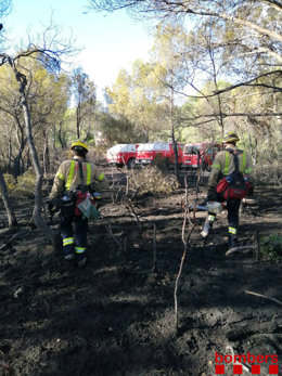 Pla general dels treballs d'extinció de l'incendi de Coll Redó. Foto del 15 d'octubre del 2020 (Vertical).