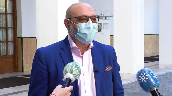 El portavoz parlamentario de Vox en Andalucía, Alejandro Hernández, atendiendo a los periodistas