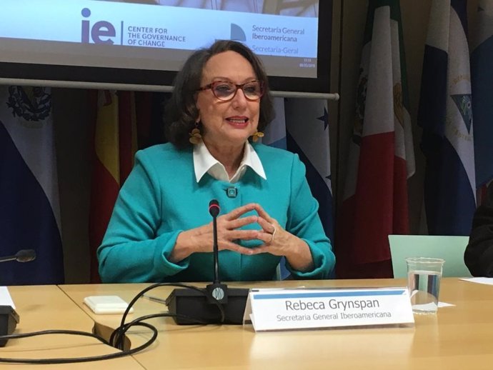 La secretaria general iberoamericana, Rebeca Grynspan, en la presentación de un estudio en la sede de la SEGIB en Madrid