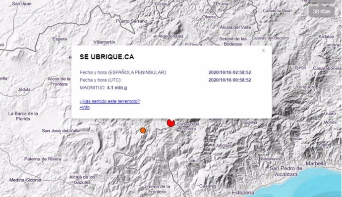 Localización del terremoto de magnitud 4,1 con epicentro en Ubrique (Cádiz)