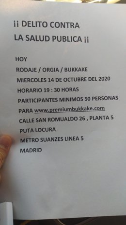 Anuncio de rodaje de 'bukake' en el que participaron 50 personas en Madrid y fueron denunciados sus tres responsables