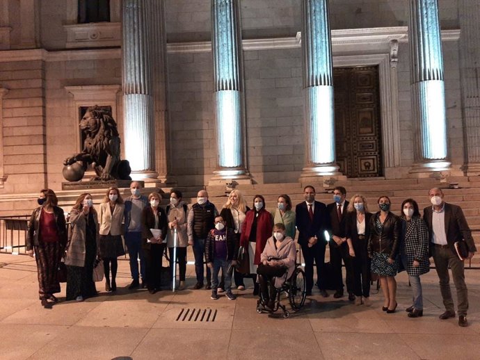 Delegación del movimiento CERMI a las puertas del Congreso de los Diputados tras la aprobación de la eliminación del Código Penal de la esterilizaión forzada a las personas con discapacidad