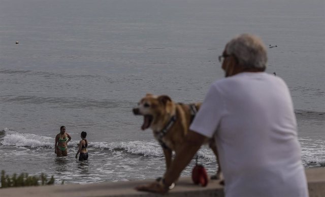 Un hombre con su perro en la Playa de la Malvarrosa