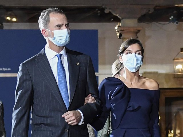 King Felipe VI of Spain and Queen Letizia of Spain depart the Princesa de Asturias Awards 2020 ceremony at the Reconquista Hotel on October 16, 2020 in Oviedo, Spain.