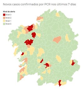 Mapa de la Consellería de Sanidade con la incidencia del coronavirus por municipios en Galicia, a 17 de octubre de 2020.