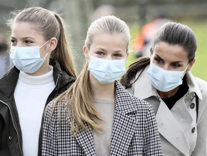 Queen Letizia of Spain with her daughters Princess Leonor and Princess Sofia during their visit to Somao, which has been honoured as the 2020 Best Asturian Village, the day after the 'Princesa de Asturias' Awards on October 17, 2020 in Somao, Spain.