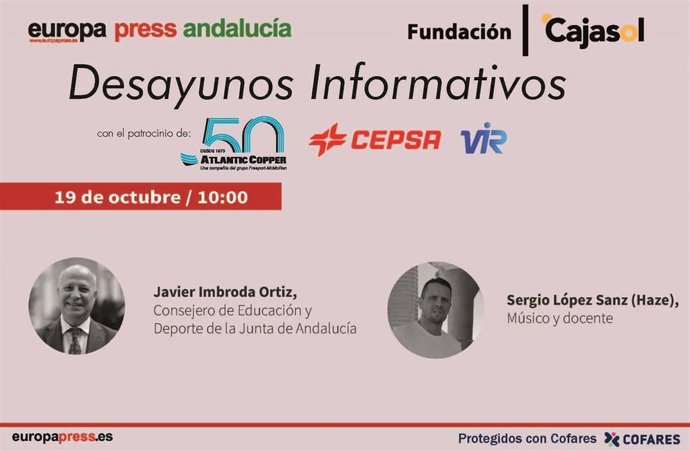 Cartel que anuncia el desayuno informativo de Europa Press Andalucía con el consejero de Educación y Deportes, Javier Imbroda, y el rapero Haze en Sevilla el 19 de octubre de 2020