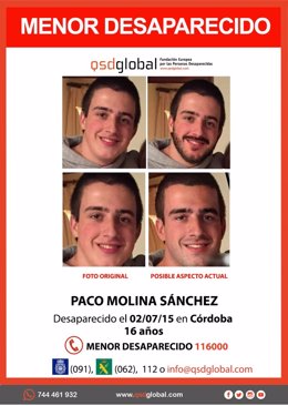 Imagenes del cordobés Paco Molina, desaparecido en 2015, mostrando el aspecto que puede tener con 20 años.