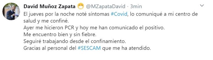 El diputado de Cs David Muñoz Zapata, positivo en COVID-19 tras sentir síntomas al acabar el último pleno