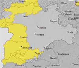Mapa elaborado por la Aemet sobre el aviso por lluvia y viento para este lunes, 19 de octubre