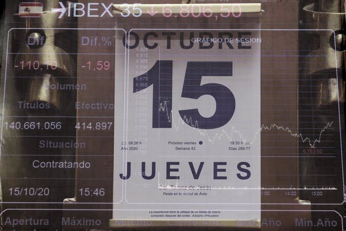 Valores del Ibex en el Palacio de la Bolsa de Madrid (España), a 15 de octubre de 2020.