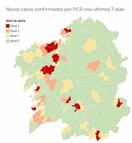 Mapa con la incidencia del coronavirus a siete días por municipios de Galicia, actualizado el 20 de octubre de 2020.