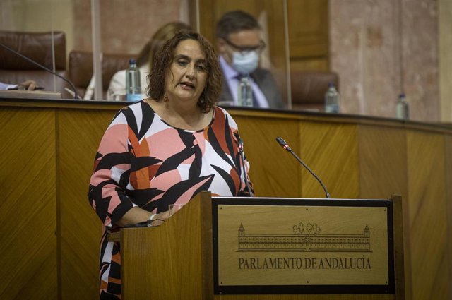 La portavoz adjunta del grupo parlamentario Adelante Andalucía, Ángela Aguilera, durante su intervención en el Debate sobre el Estado de la Comunidad en el Parlamento andaluz.En Sevilla (Andalucía, España), a 20 de octubre de 2020.
