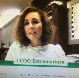 La consejera para la Transición Ecológica y Sostenibilidad de la Junta de Extremadura, Olga García, durante una jornada sobre Acción y Cooperación Sindical por el Clima de CCOO