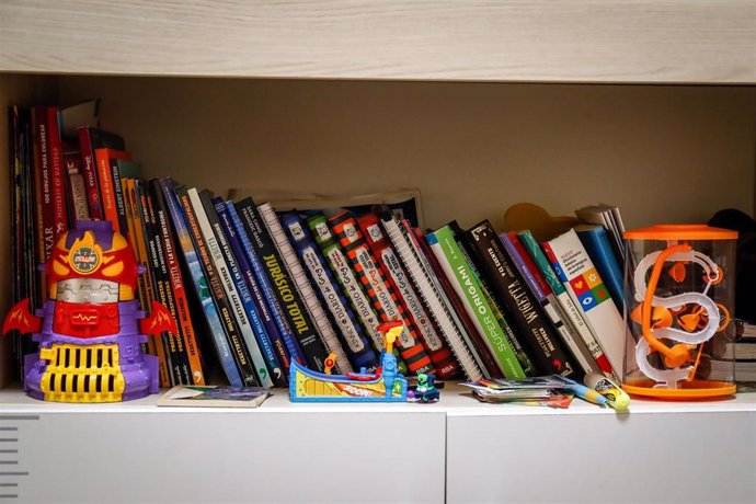 Estantería de un niño en su cuarto con libros y juguetes.
