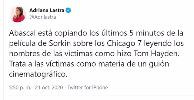 Mensaje de Adriana Lastra critiando a Abascal por leer en el Congreso los nombres de las victimas de ETA