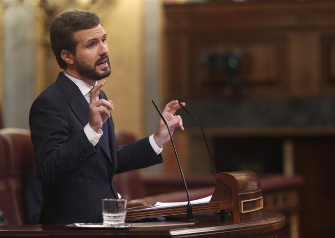El president del PP, Pablo Casado, intervé durant la segona sessió del ple en el qual es debat la moció de censura de Vox, al Congrés dels Diputats, Madrid (Espanya), 22 d'octubre del 2020. 