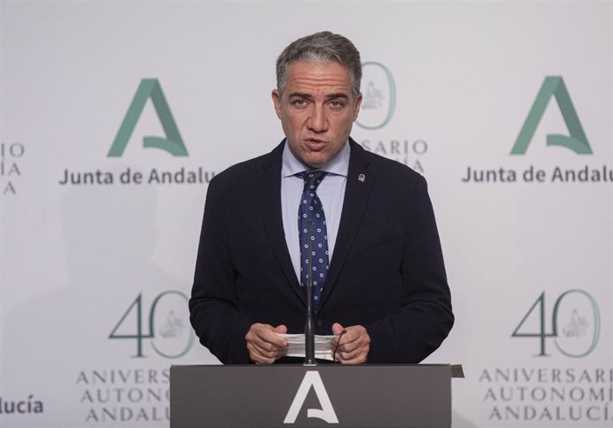 El consejero de Presidencia, y portavoz de la Junta, Elías Bendodo, en la rueda de prensa posterior al Consejo de Gobierno de la Junta de Andalucía. En Sevilla (Andalucía, España), a 22 de octubre de 2020.