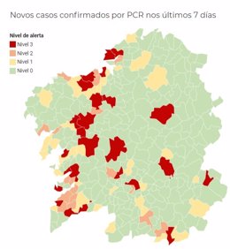 Mapa de Galicia con la incidencia del coronavirus por municipios, a 23 de octubre de 2020.