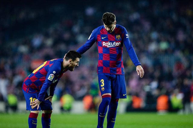 10 Lionel Messi from Argentina of FC Barcelona and 03 Gerard Pique from Spain of FC Barcelona during the La Liga match between FC Barcelona and Real Valladolid in Camp Nou Stadium in Barcelona 29 of October of 2019, Spain.