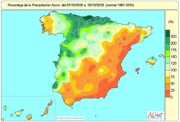 Las lluvias se sitúan en los niveles normales durante los primeros 20 días del año hidrológico, aunque con una distribución diferenciada, ya que las precipitaciones afectan a la mitad noroeste y no llegan a los valores normales en la mitad suroeste.