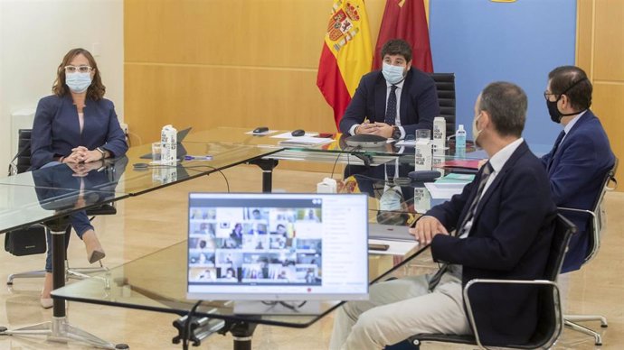 López Miras, durante su reunión por videoconferencia con los alcaldes de los 45 municipios