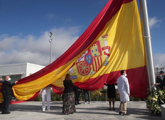 Izado de la bandera nacional durante el homenaje al pueblo de Madrid en su lucha contra la Covid-19, en Valdebebas