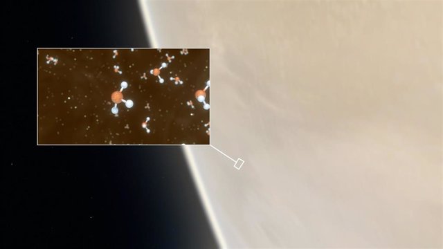 Impresión artística de Venus, con un recuadro que muestra una representación de las moléculas de fosfina detectadas en las nubes altas.