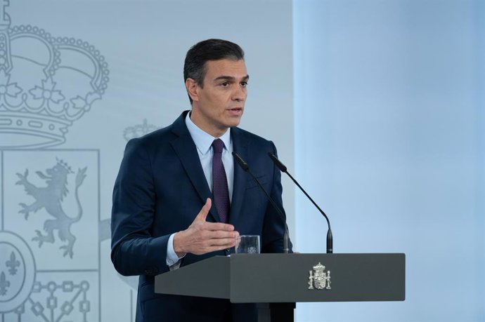 El president del Govern central, Pedro Sánchez, durant una declaració institucional per valorar els acords aconseguits ahir al Consell Interterritorial de Salut i l'evolució de la pandmia a Espanya, a Madrid (Espanya).