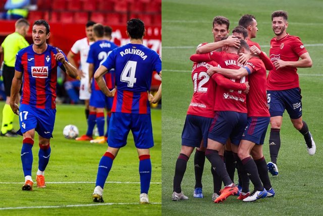 Kike García, autor del gol del Eibar en Sevilla, y jugadores de Osasuna celebrando la victoria