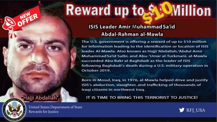 Cartel de recompensa por el líder de Estado Islámico, Amir Muhamad Said Abdelrahman al Mawla