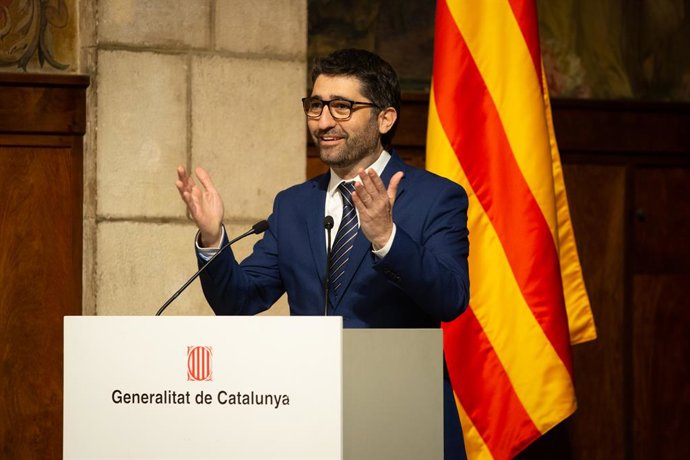 El conseller de Polítiques Digitals i Administracions Públiques, Jordi Puigneró, durant el seu discurs en la presentació de l'Estratgia d'Intelligncia Artificial de Catalunya, a Barcelona/Catalunya (Espanya) a 18 de febrer del 2020.